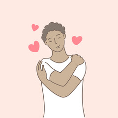 African american hugging herself with hearts on pink background. Self love and self care. Love yourself. Love your body concept. Hand draw style. Vector illustration.