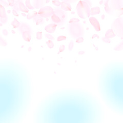 ぼんやりとした春の青い空にピンクの花びらが舞っているイラスト