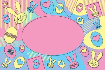 Memphis style Easter geometric pattern background illustration with lines, shapes, eggs and bunnies in pink, yellow and blue with space for text.