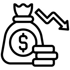 Coins bag with decrease arrow icon, Bankruptcy related vector