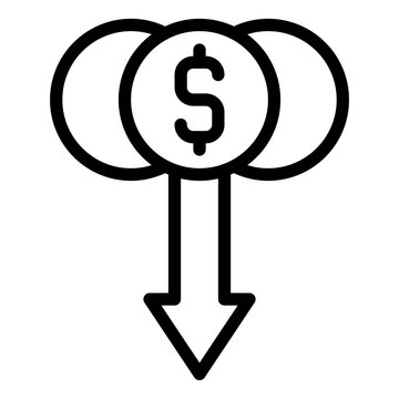 Coins with down arrow icon, Bankruptcy related vector