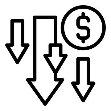 Coin with many down arrow icon, Bankruptcy related vector