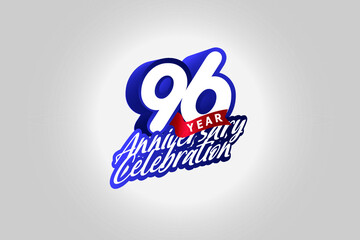 96 year anniversary, Italic Style with ribbon celebration logotype. Simple Blue color design isolated on Grey background - vector 