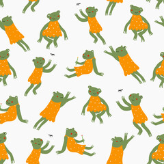 Seamless pattern with cute hand-draw frogs wearing dresses in scandinavian style  on white background. Vector childish illustration. For stylish fabric design , wrapping paper  or  wallpaper design.
