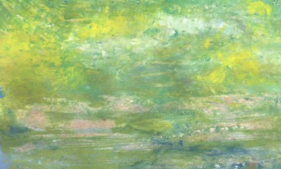 Oil painting, background in warm green tones with splashes of yellow, gray, blue brush texture.
