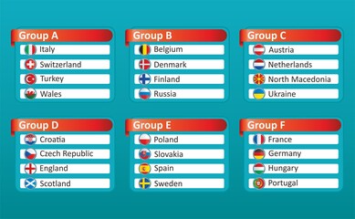 European football championship EURO 2020 2021 groups vector. European football tournament groups. Vector country flag set for soccer championship.