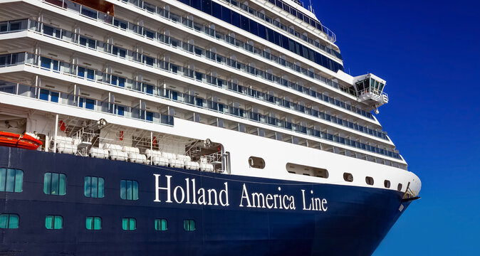 Half Moon Cay island, Bahamas - December 2, 2019: Holland America cruise ship Eurodam docked at sea near Bagamas