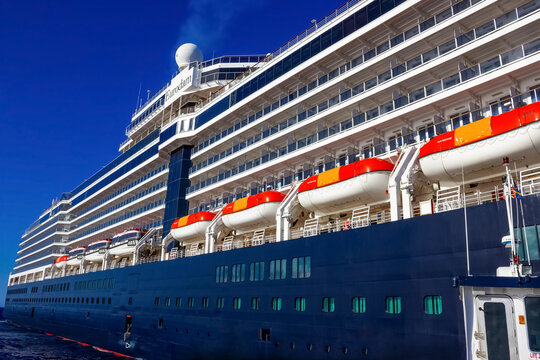 Half Moon Cay island, Bahamas - December 2, 2019: Holland America cruise ship Eurodam docked at sea near Bagamas