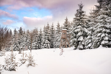 Romantischer Winterwald mit Jagd Hochsitz