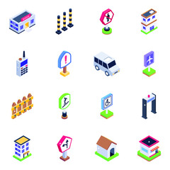 
Pack of Road Barriers and Sign Boards Isometric Icons 
