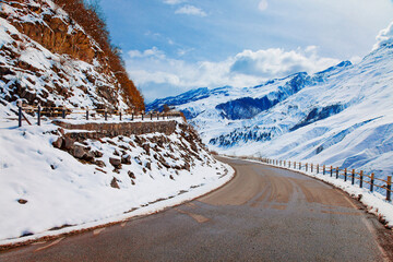 Mountain Winter Snowy Road with blue sky