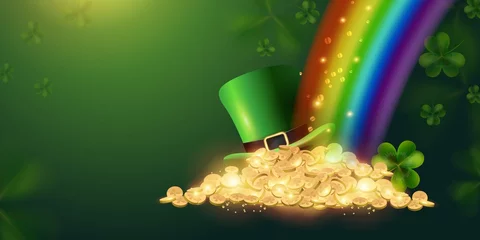 Foto op Canvas Happy St. Patrick's Day sign background with a leprechaun green shamrock hat full of gold coins at the end of the rainbow. Vector illustration © executioner4