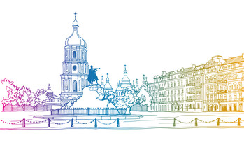 Colourful Urban landscape in hand drawn sketch style. Nice cityscape of the old Kiev, Ukraine.  Ink line sketch. Vector illustration on white.