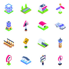 
Pack of Direction Boards and Bridges Isometric Icons 
