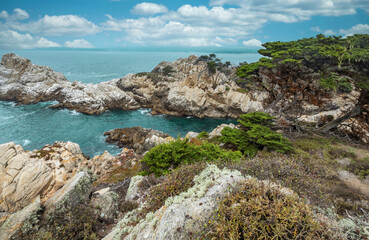 Beautiful landscape, view rocky Pacific Ocean coast at Point Lobos State Reserve in Carmel, California.
