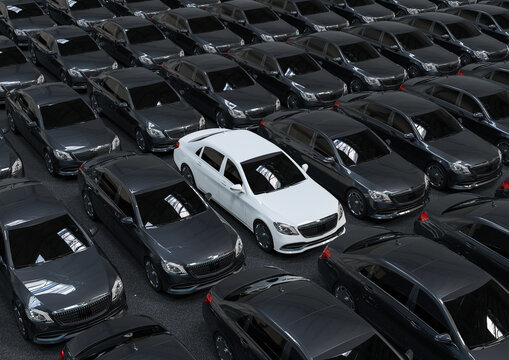 3D render image of a fleet of luxury car with one in different color representing unique concept