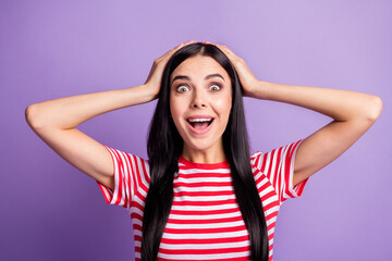 Obraz premium Photo of crazy amazed girl open mouth hands head wear striped red shirt isolated violet color background