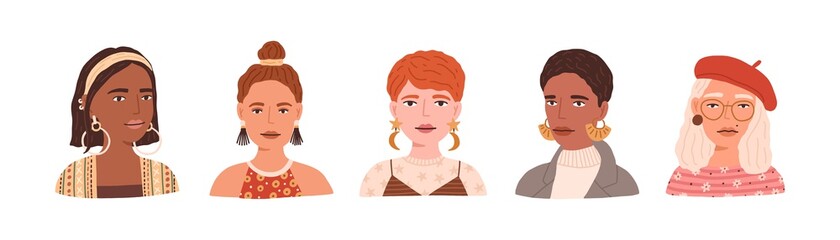 Obraz premium Portraits of young modern women wearing beret, eyeglasses and earrings. Set of trendy and fashion female avatars with different hairstyles isolated on white background. Flat vector illustration