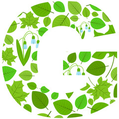 Vector letter G of spring fresh green leaves and flowers. An illustration on the subject of the alphabet.