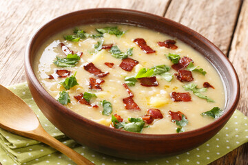 Bavarian Rumford pea and barley soup with bacon close-up in a plate on the table. horizontal