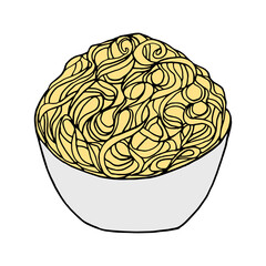 Hand drawn doodle noodles. Chinese cuisine dish. Design sketch element for menu cafe, restaurant, label and packaging. Vector colorful illustration on a white background.