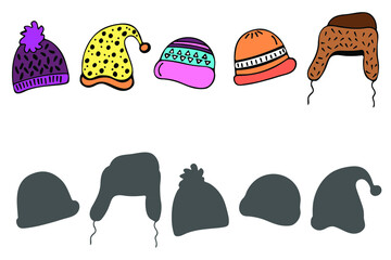Winter hats. Find the correct shadow. Educational tasks for children isolated on white background. Vector illustration