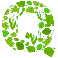Vector letter Q of spring fresh green leaves and flowers. An illustration on the subject of the alphabet.