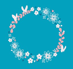 ナチュラルな花と蝶々のフレーム・リースのイラスト