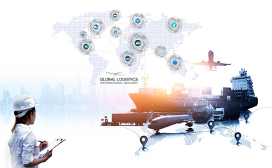 Obraz na płótnie Canvas Logistics international delivery concept, World map with logistic network distribution on background.background for Concept of fast or instant shipping, Online goods orders worldwide