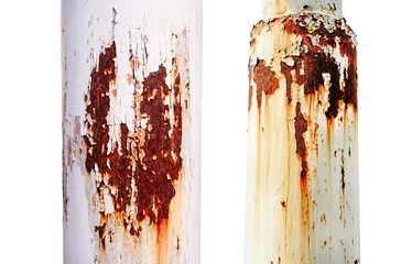 White iron pillar, where rust corrosion occurs, use as illustration for presentation.on white with clipping path.                             