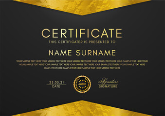 Certificate template with geometry gold frame and badge on black background. Design for Diploma, certificate of appreciation or award