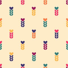 Chaotic seamless pattern of multicolored spikelets and hearts. Stock illustration for web and print, wallpaper, background, scrapbooking, wrapping paper, textile.