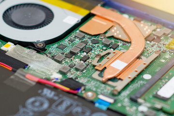 Laptop motherboard and cooling system. Macro photography.