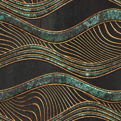 Koperen naadloze textuur met golvenpatroon op een zwarte grungeachtergrond, 3d illustratie