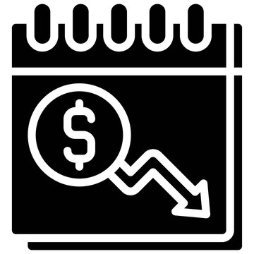 Calendar with coin and decrease arrow icon, Bankruptcy related vector
