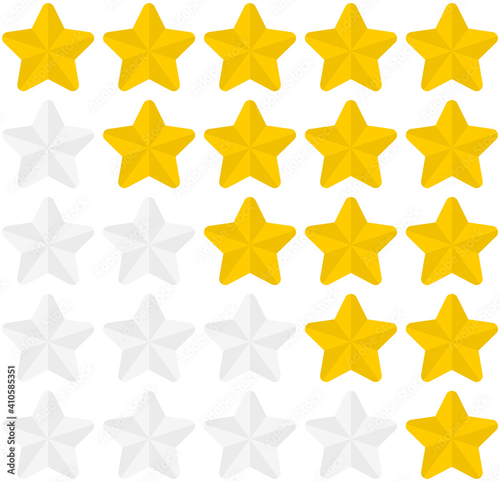 Poster set of 5 options of star rating icons isolated on white background. vector illustration.