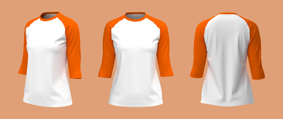 Half-sleeves raglan t-shirt mockup, 3d illustration, 3d rendering