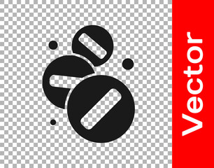 Black Medicine pill or tablet icon isolated on transparent background. Capsule pill and drug sign. Pharmacy design. Vector Illustration.