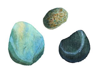 Watercolor sea pebbles set, geology, blue, turquoise stones. Natural texture with paint splashes. Can be used for print, postcard. Hand drawn raster stock illustration in realism, traditional drawing