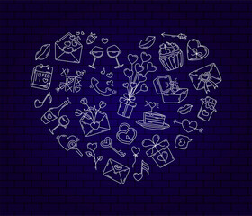 Doodle on Valentine's Day. Hand-drawn. Doodle of love. Outline icons wine glasses, wedding ring, letter, Tic-tac-toe, calendar, cake, lips. Vector Heart set of elements of love and romance.