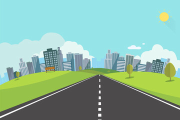 Cityscape scene with road , trees and sky background vector illustration.Main street to town concept.Urban scene with nature background.Cityscape with natural road and hills