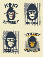 Hand drawn Illustration with gorilla face. With typo for t shirt. Vector set.