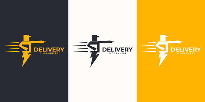 Delivery  Logo designs Template. Illustration vector graphic of  thunder with delivery man courier holding  box  logo design concept. Perfect for,Delivery service, Delivery express logo design.  