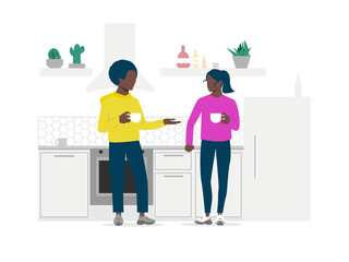 The black couple is talking in the kitchen. Young people drink and have a small talk and a friendly conversation. Vector illustration.