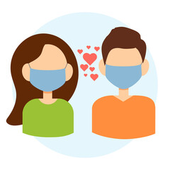 Young loving people in medical masks. Quarantine, covid-19 vector illustration.