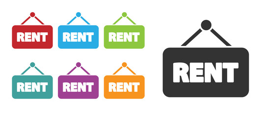 Black Hanging sign with text Rent icon isolated on white background. Signboard with text For Rent. Set icons colorful. Vector Illustration.