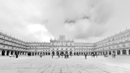 Salamanca main square panorama in black and white