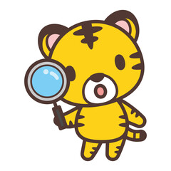 Cute tiger character looking through a magnifying glass-虫眼鏡で見るかわいいトラのキャラクター