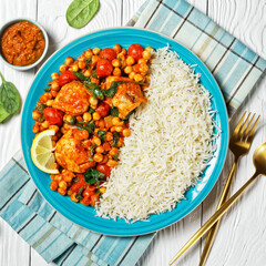 Chicken and chickpea curry with rice on a plate