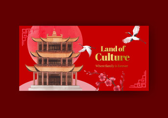 Twister template with Happy Chinese New Year concept design with social media and community watercolor vector illustration